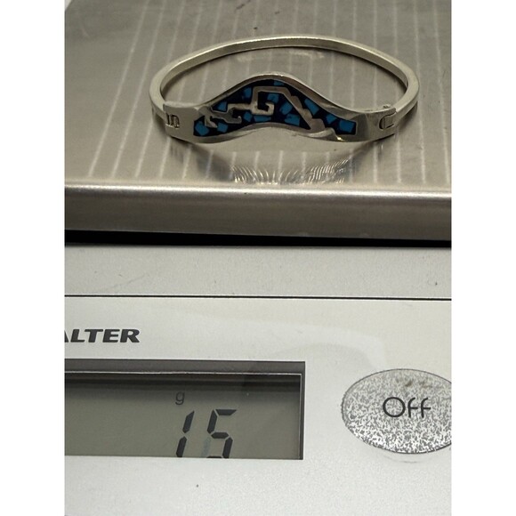 VINTAGE TAXCO MEXICO STERLING SILVER & TURQUOISE INLAY BRACELET LATCHING BANGLE - Picture 7 of 11